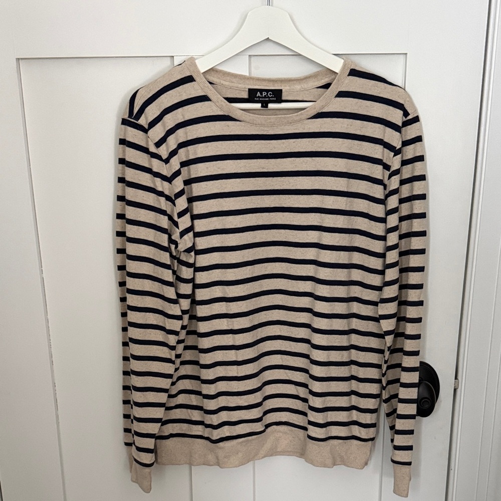A.P.C. Men's Navy and Cream Striped Shirt